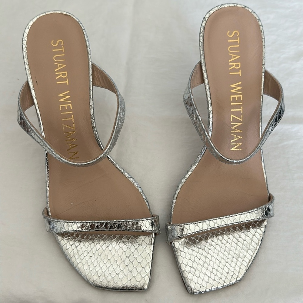 Stuart Weitzman Aleena Sandals in Silver Mini Snake Print 2.5” Heel Pumps Size 5 - Picture 2 of 16